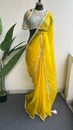 Yellow checked organza with floral cotton blouse