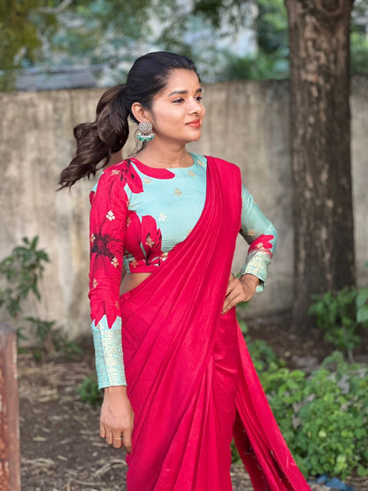 Pink marble silk saree with  embroidery blouseq