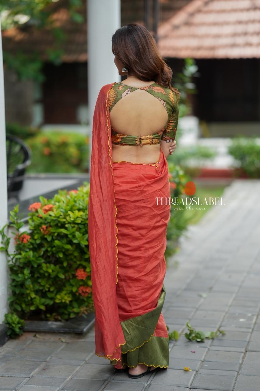 Orange rust mul cotton saree with kalamkari mirror blouse