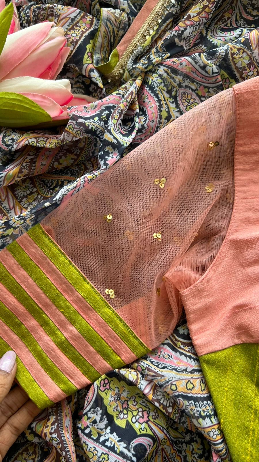 Midnight blue paisleys chiffon saree with hand worked blouse