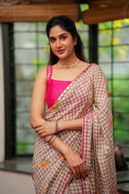 Brown checked mul cotton saree with hand work blouse