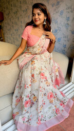 Cream linen cotton floral saree with checked blouse