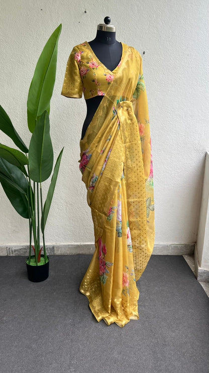 Yellow kota floral saree with blouse