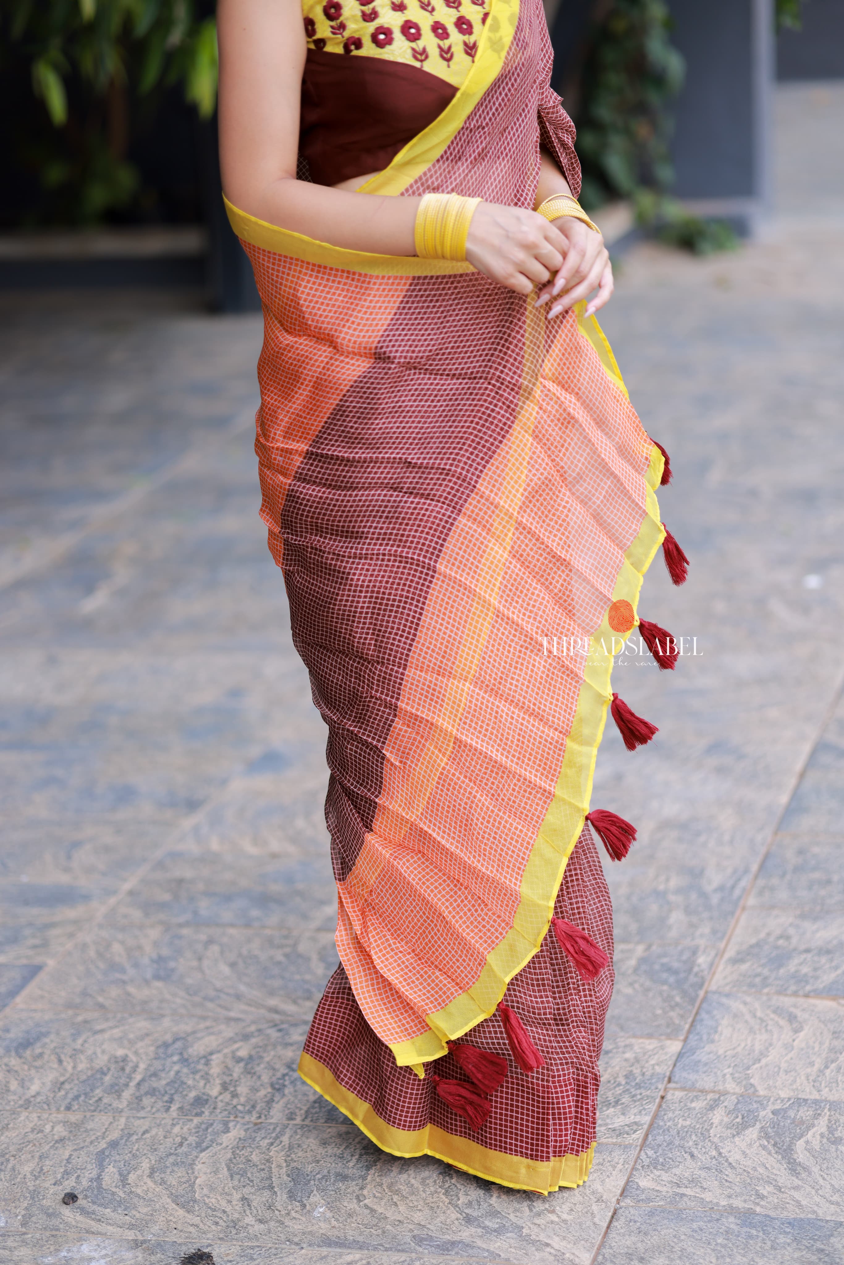 Brown jute saree with banarasi hand work blouse