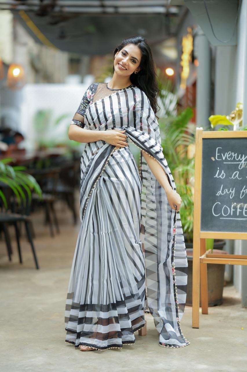 Black & white stripe organza saree with hand work blouse