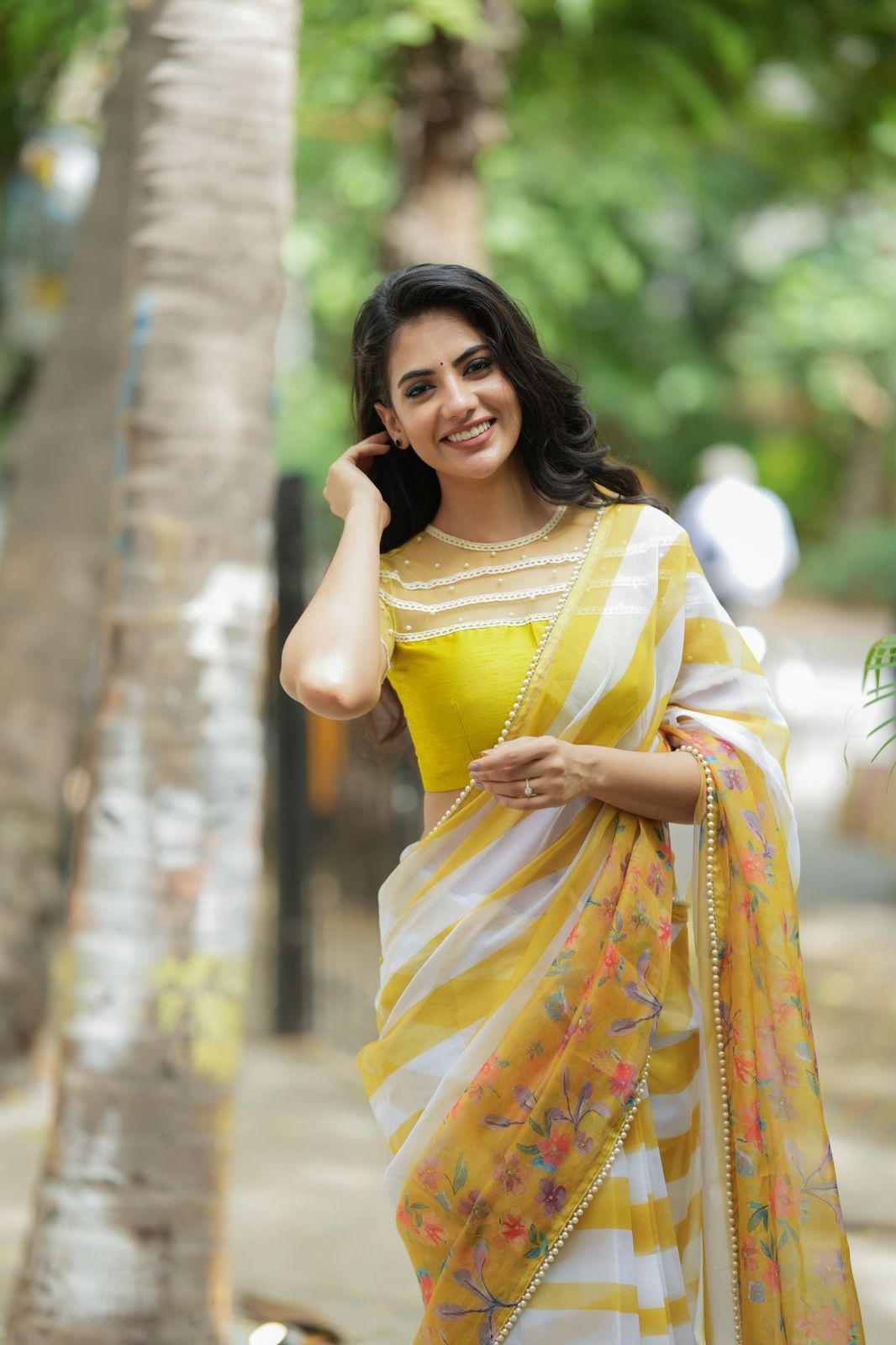 Fenugreek organza saree with hand work blouse