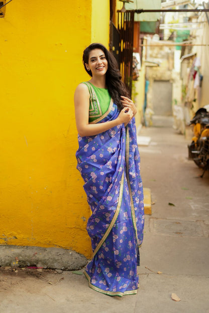 Blue kota saree with green hand work blouse
