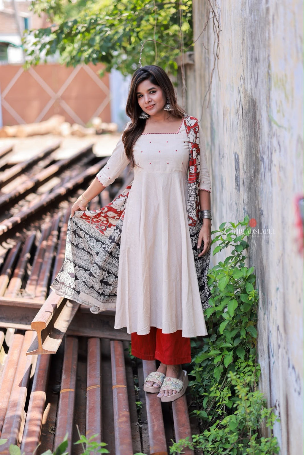 Cream cotton 3 piece Kurti set
