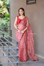 Red cotton kota saree with hand work blouse