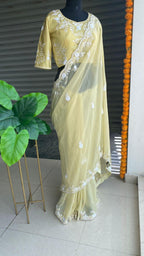 Banana yellow organza saree with silk embroidery blouse