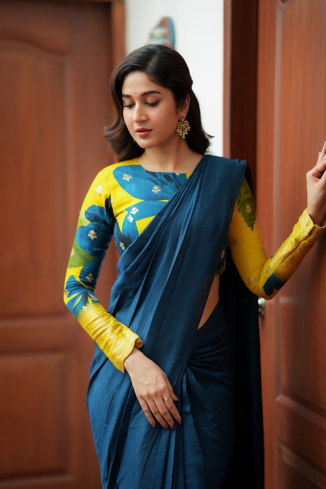 Deep blue marble silk saree with embroidery blouse