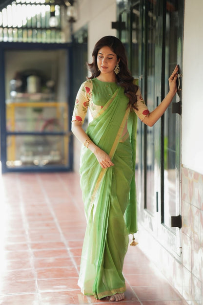 Cream cotton print hand work blouse(only blouse)