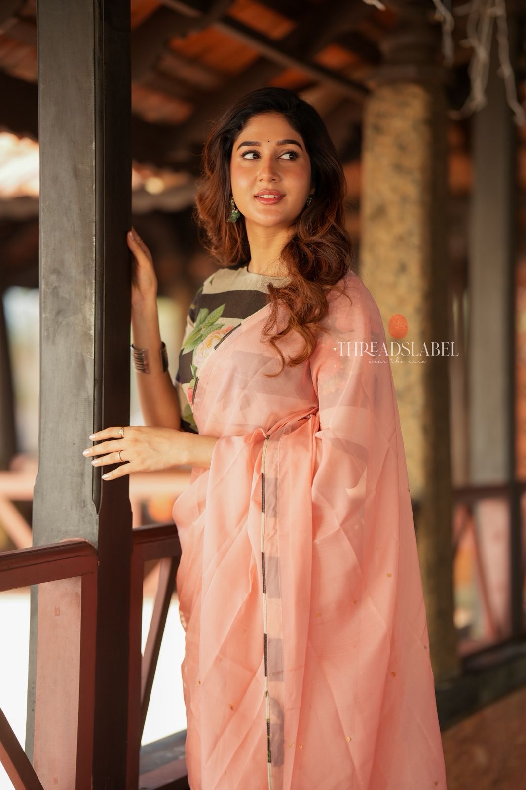 Peach organza saree with chanderi mirror blouse