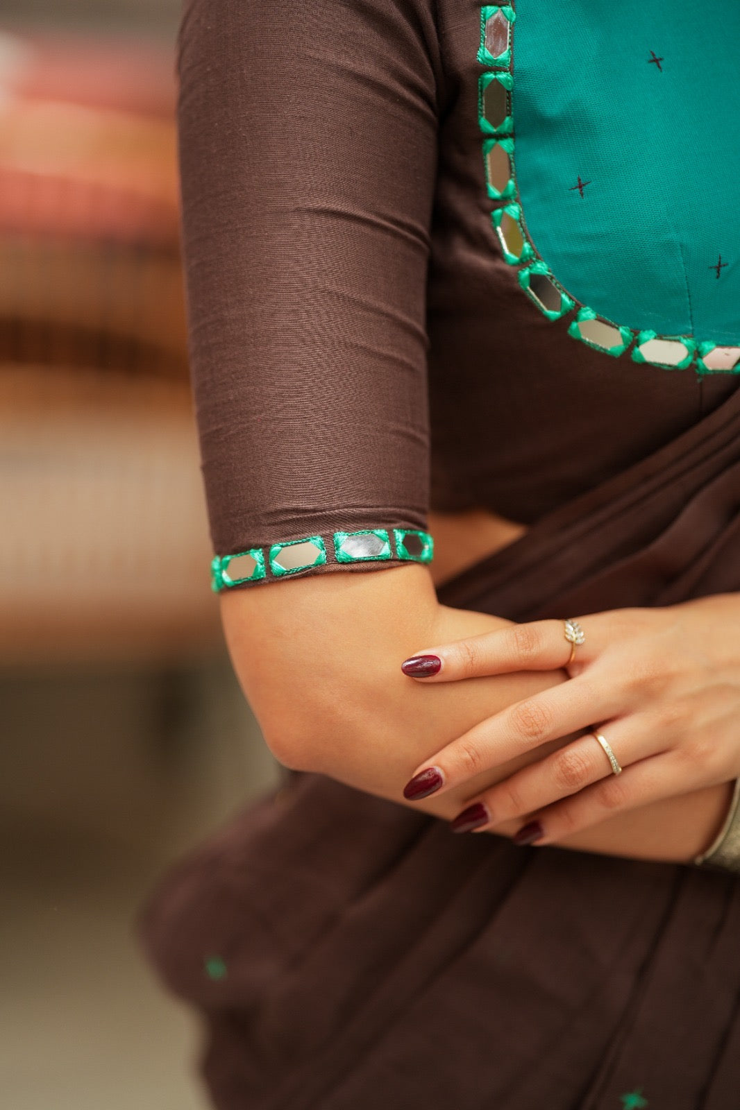 Dark brown mul chanderi with mirror blouse