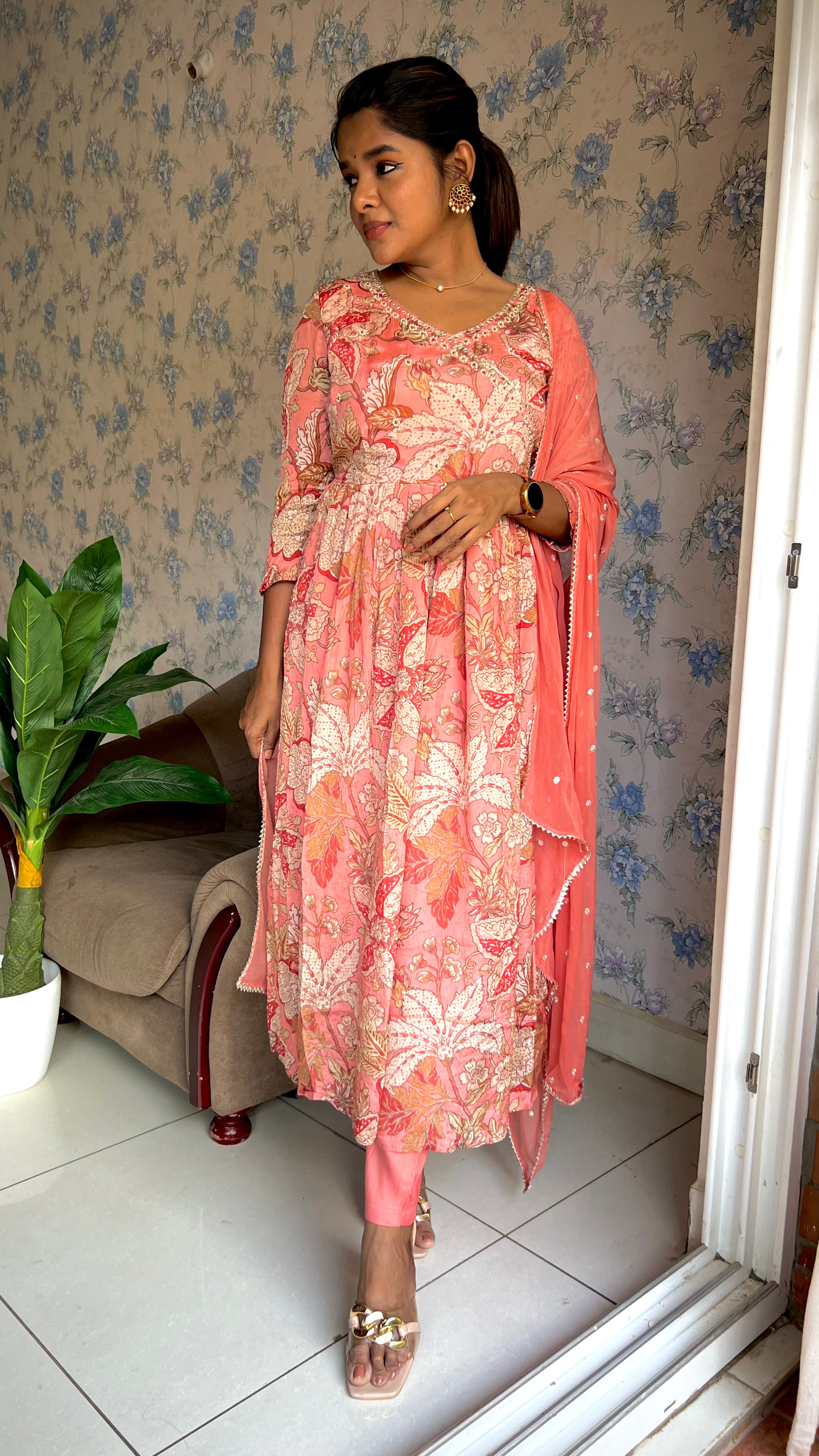 Peach Chinnon floral printed 3 piece kurti suit
