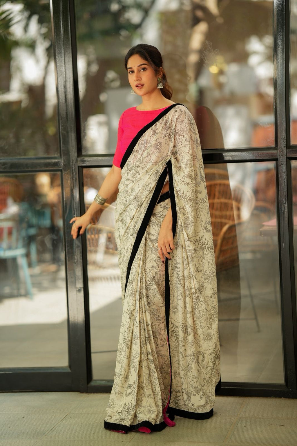 Half white mul cotton kalamkari saree with handwork blouse