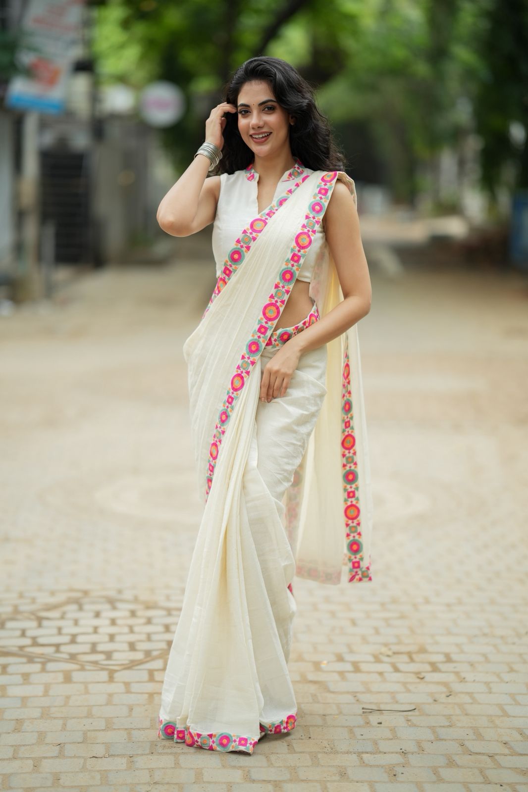 Cream cotton kota saree with embroidery work blouse