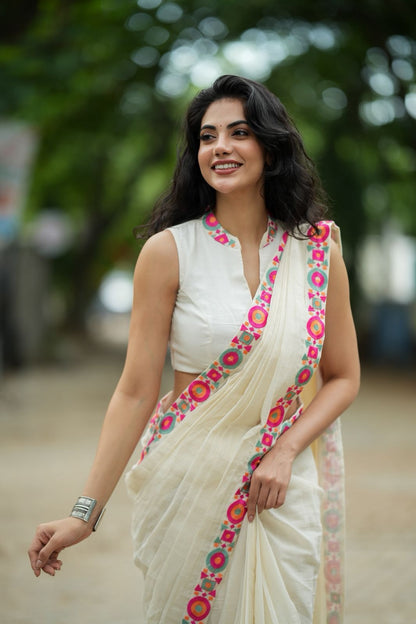 Cream cotton kota saree with embroidery work blouse
