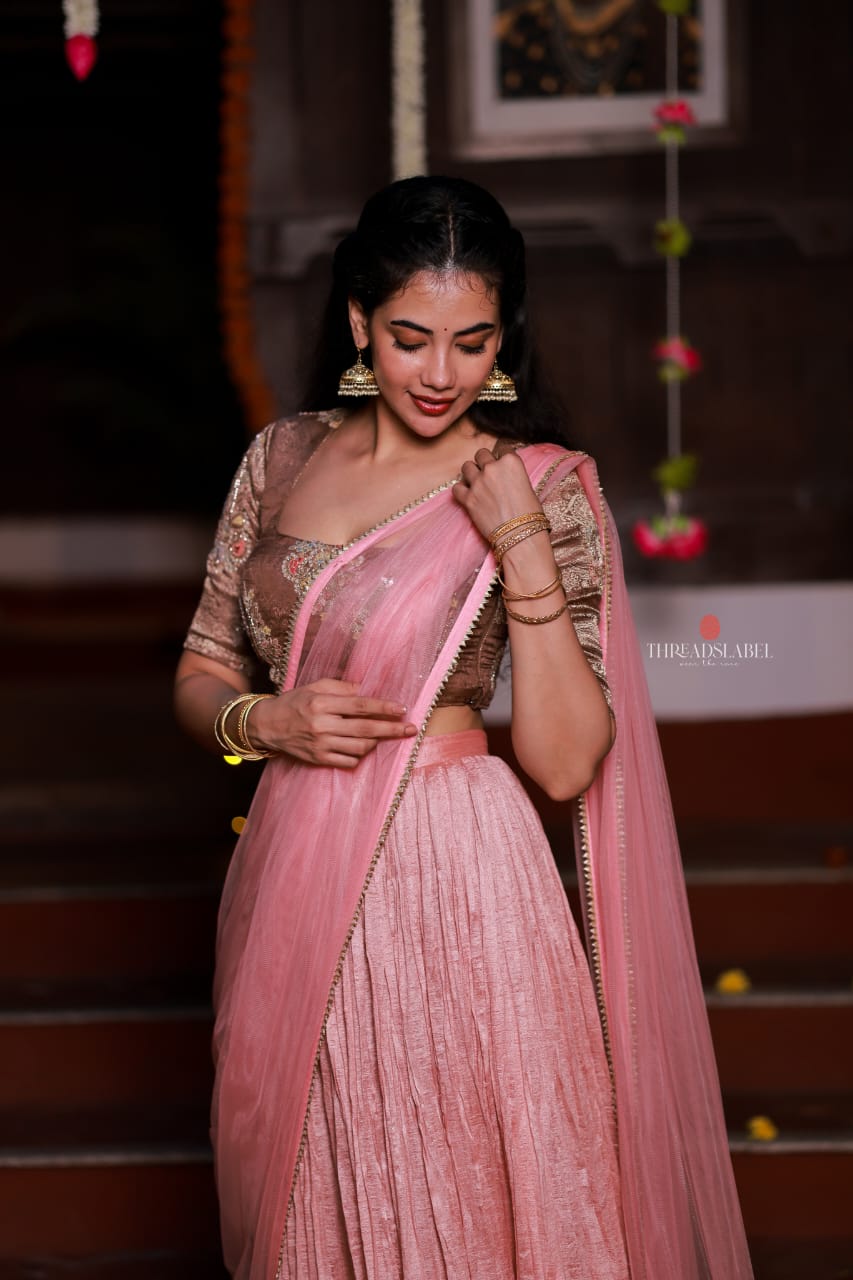 Pink marble silk lehenga with handwork blouse