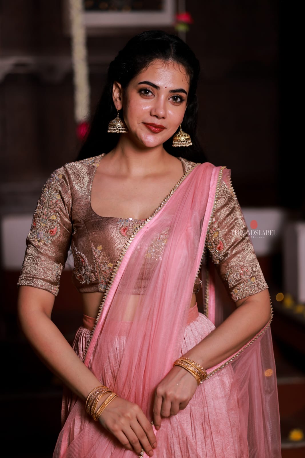 Pink marble silk lehenga with handwork blouse