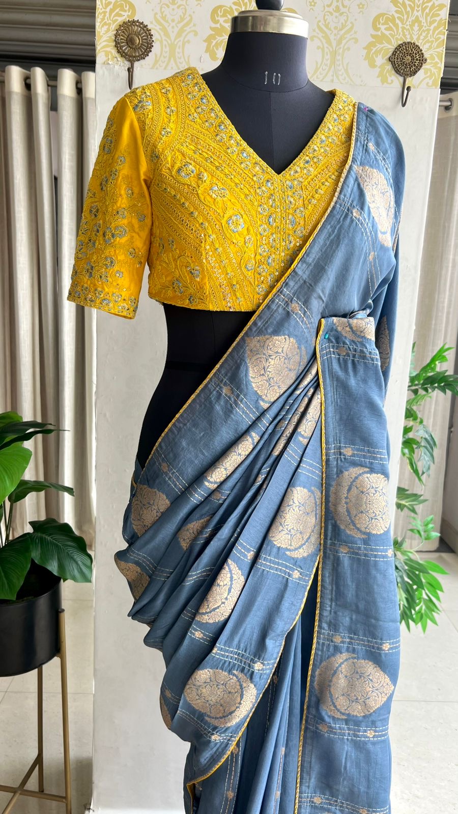Blue banarasi silk saree with yellow embroidery blouse