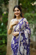 Purple chiffon floral saree with hand work blouse