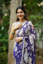 Purple chiffon floral saree with hand work blouse