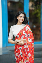 Orange red chinnon silk saree with white organza blouse