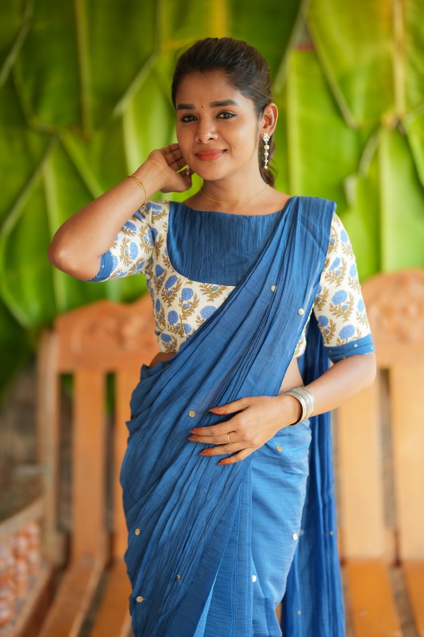 Blue malai chanderi saree with floral print blouse