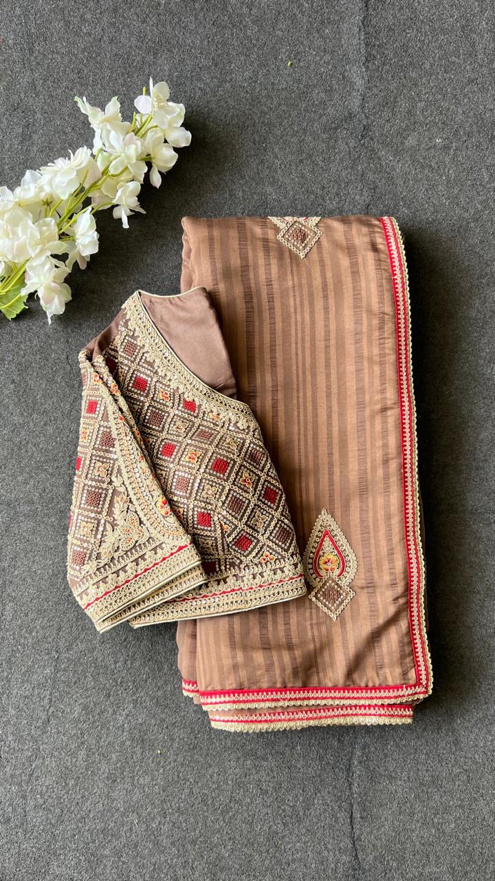 Caramel muslin silk embroidery saree with blouse