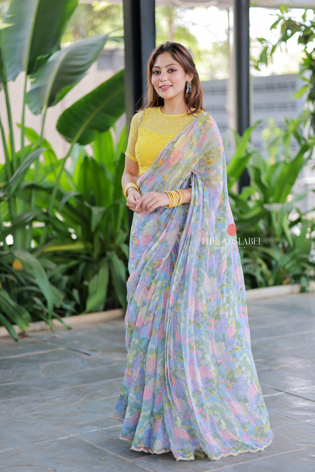 Light Blue chiffon saree with hand work blouse