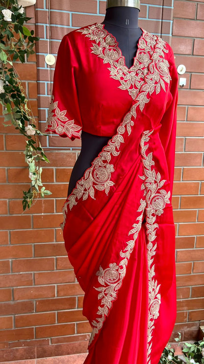 Red Gajji silk saree with heavy embroidery blouse