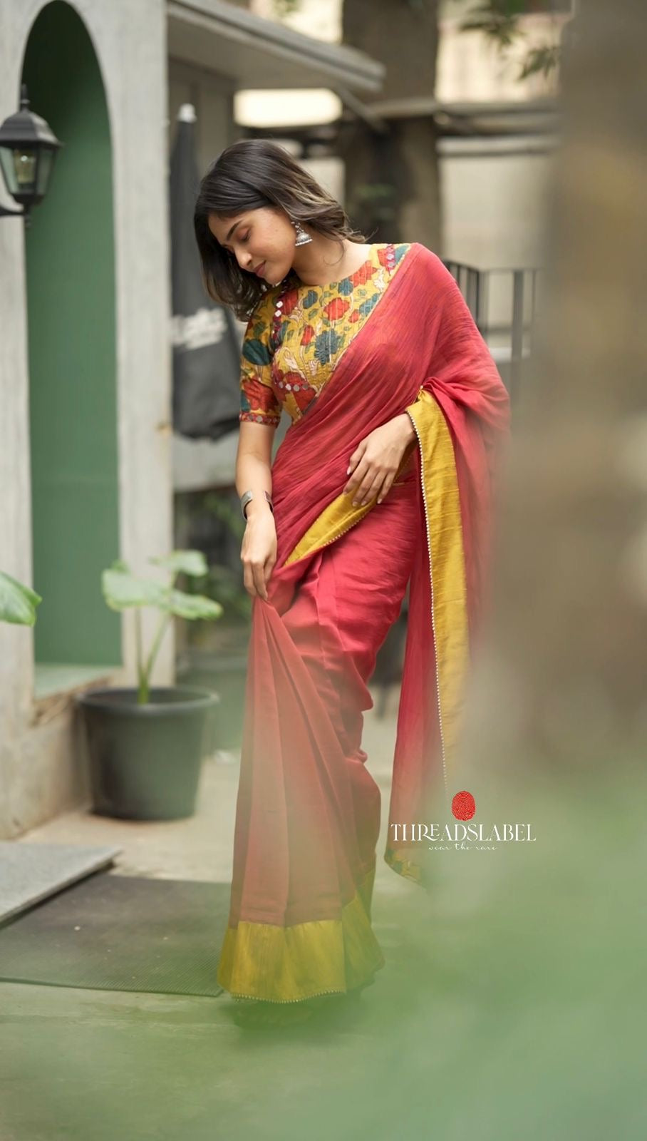 Maroon mul cotton saree with kalamkari mirror blouse