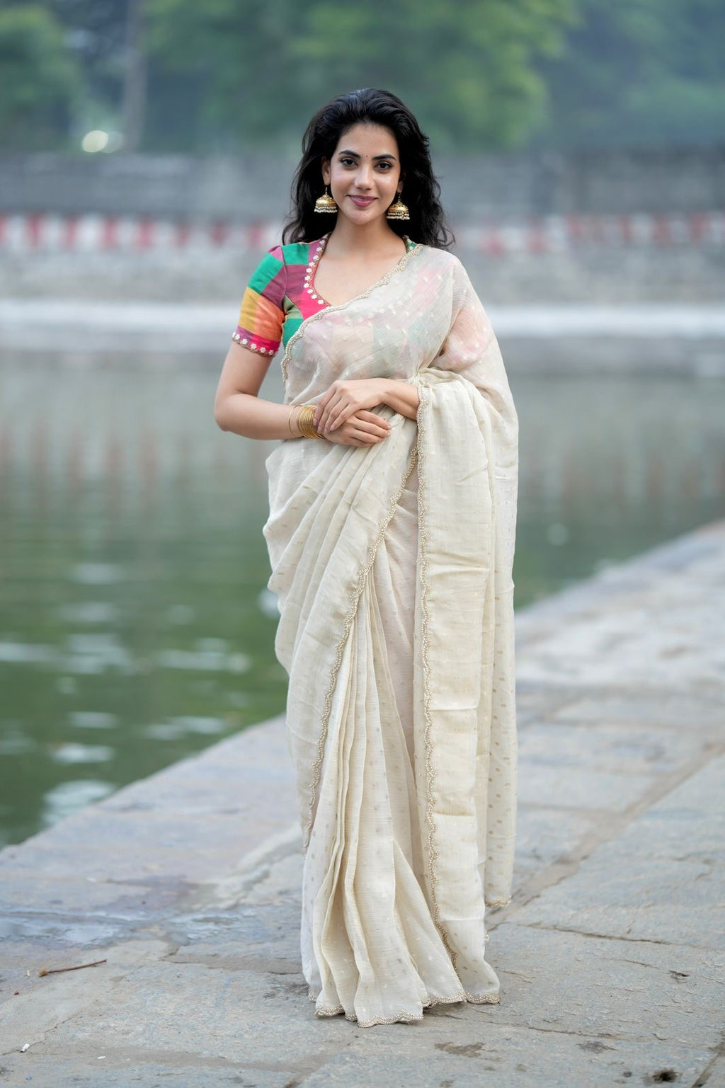 Beige georgette tissue saree with multi hand work blouse