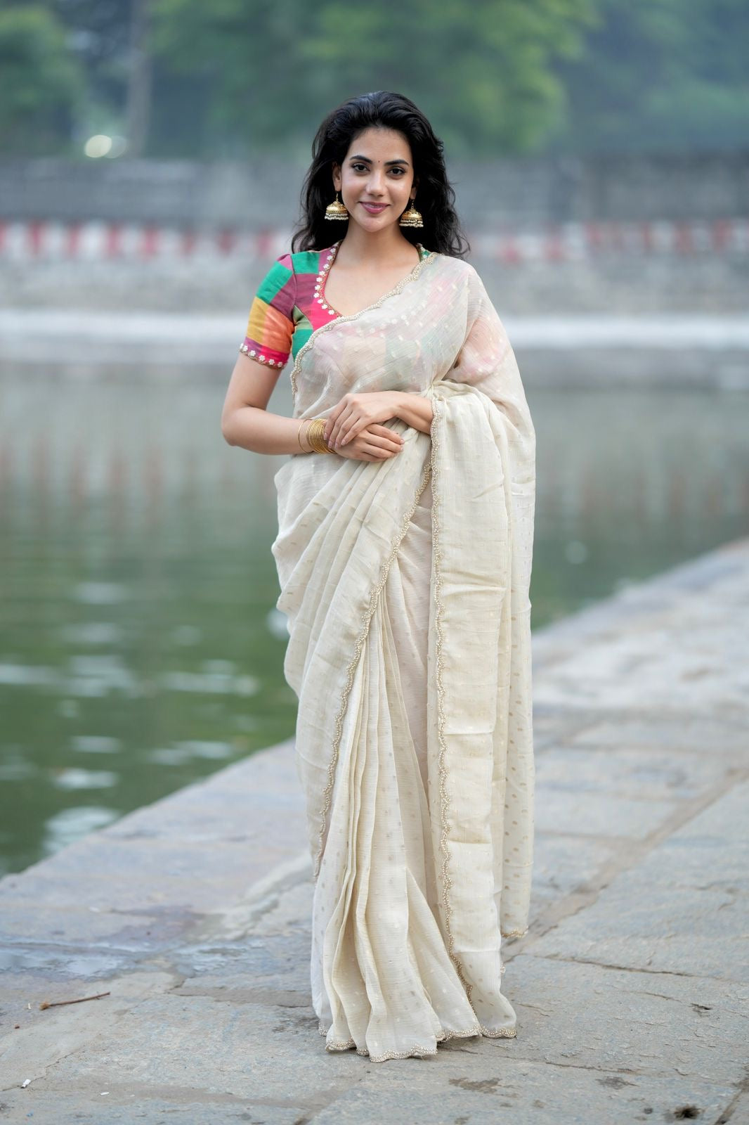 Beige georgette tissue saree with multi hand work blouse