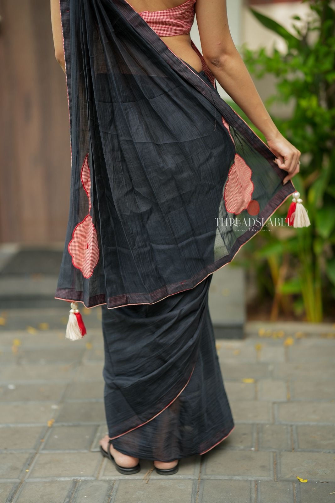 Black mul chanderi saree with pink embroidery blouse
