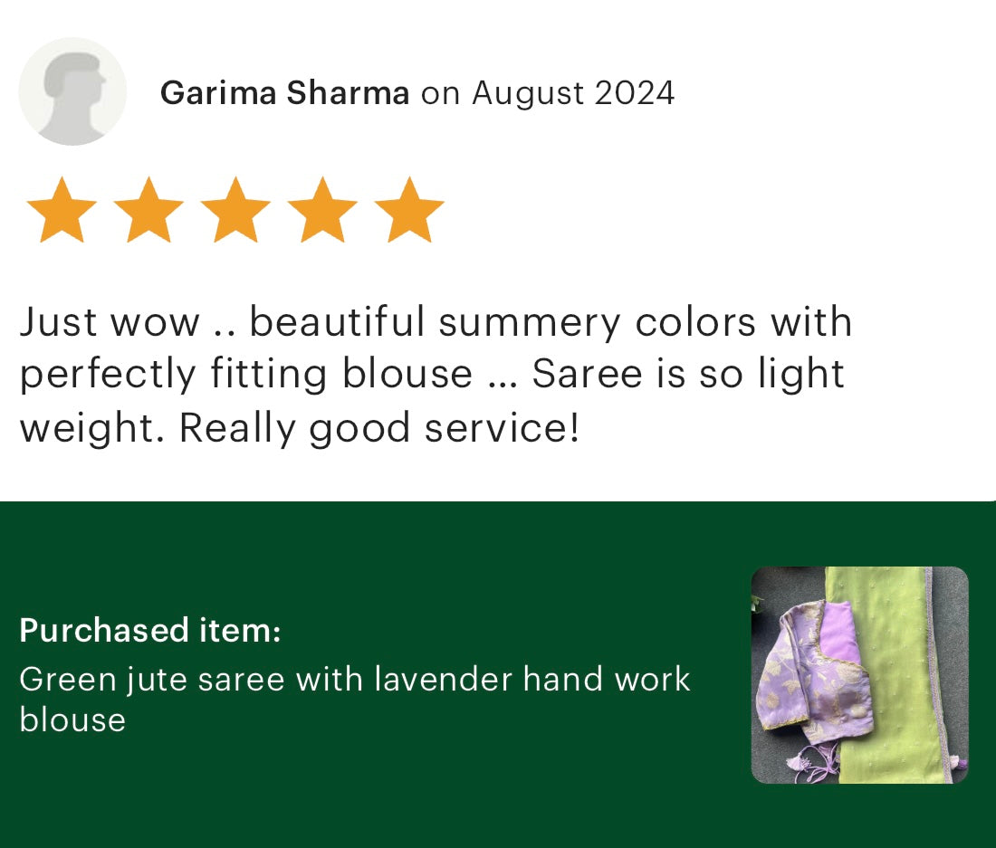 Green jute saree with lavender hand work blouse