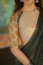 Bottle green mul chanderi saree with mirror work blouse