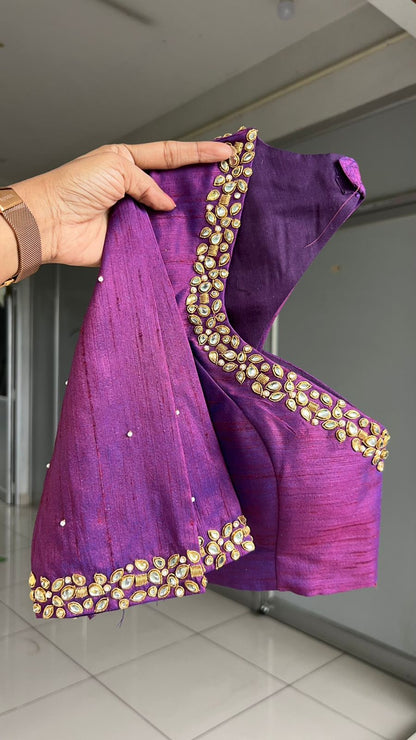 Pink tissue saree with purple hand work blouse