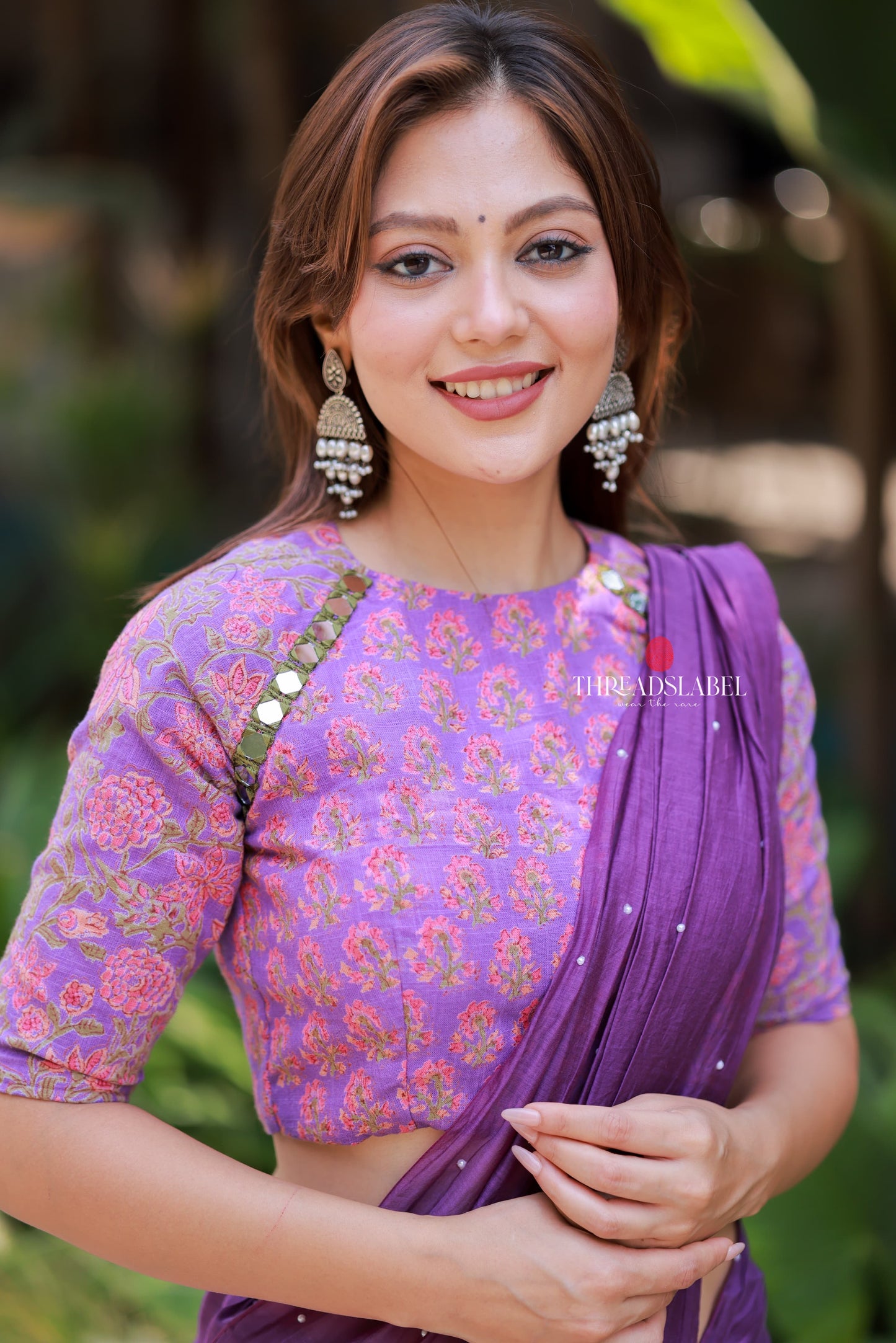 Purple mul chanderi saree with mirror work blouse