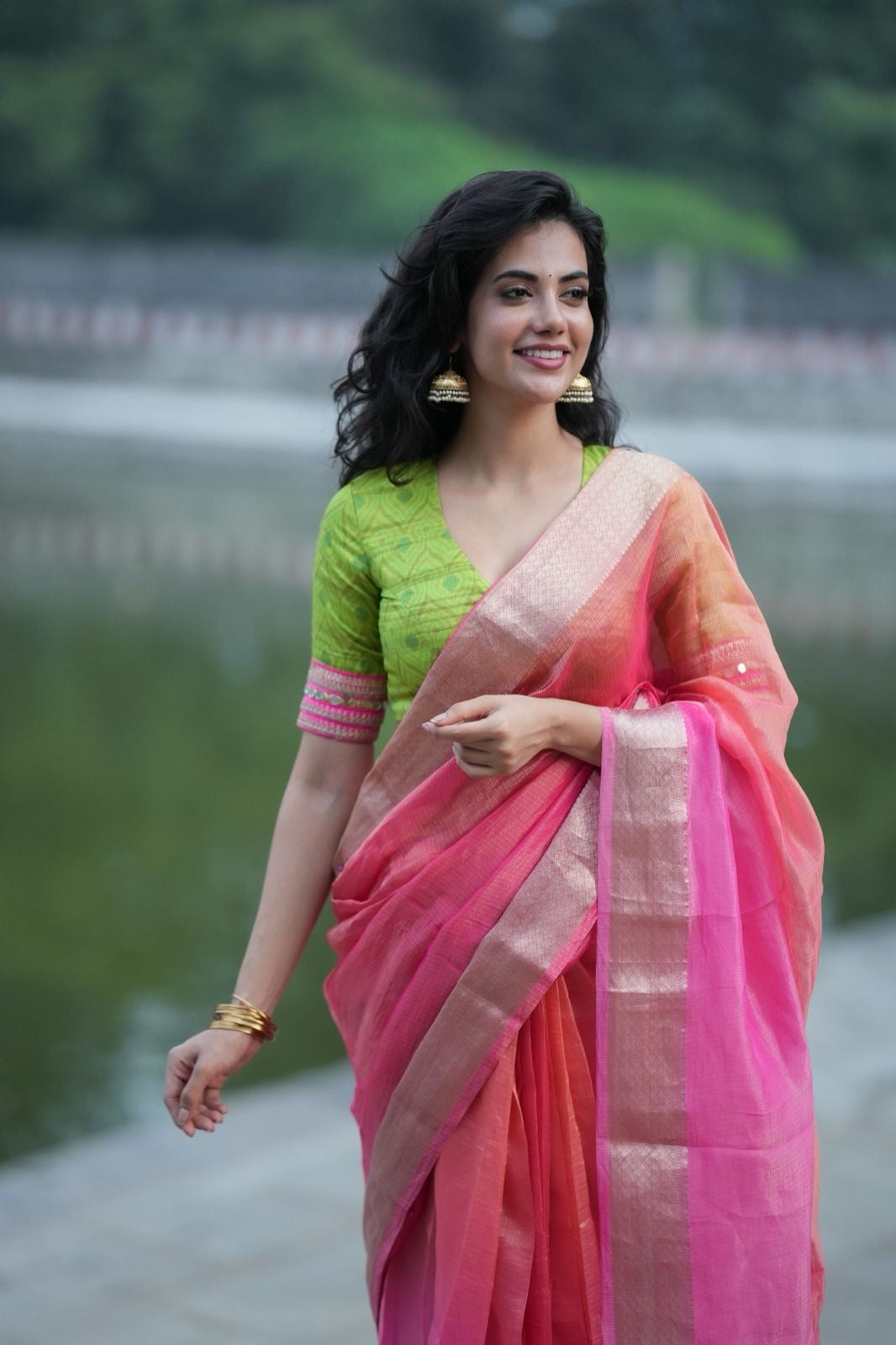 Parrot ikkat silk hand work blouse (Only blouse)