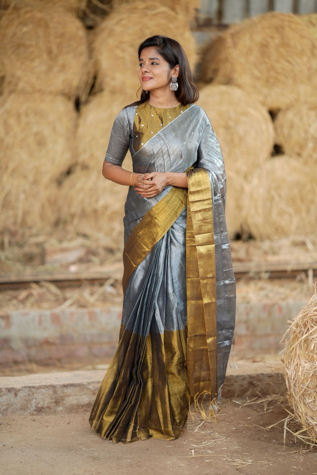 Silver grey gold soft tissue saree with handwork blouse