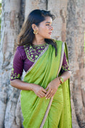 Green jute saree with brown hand worked blouse