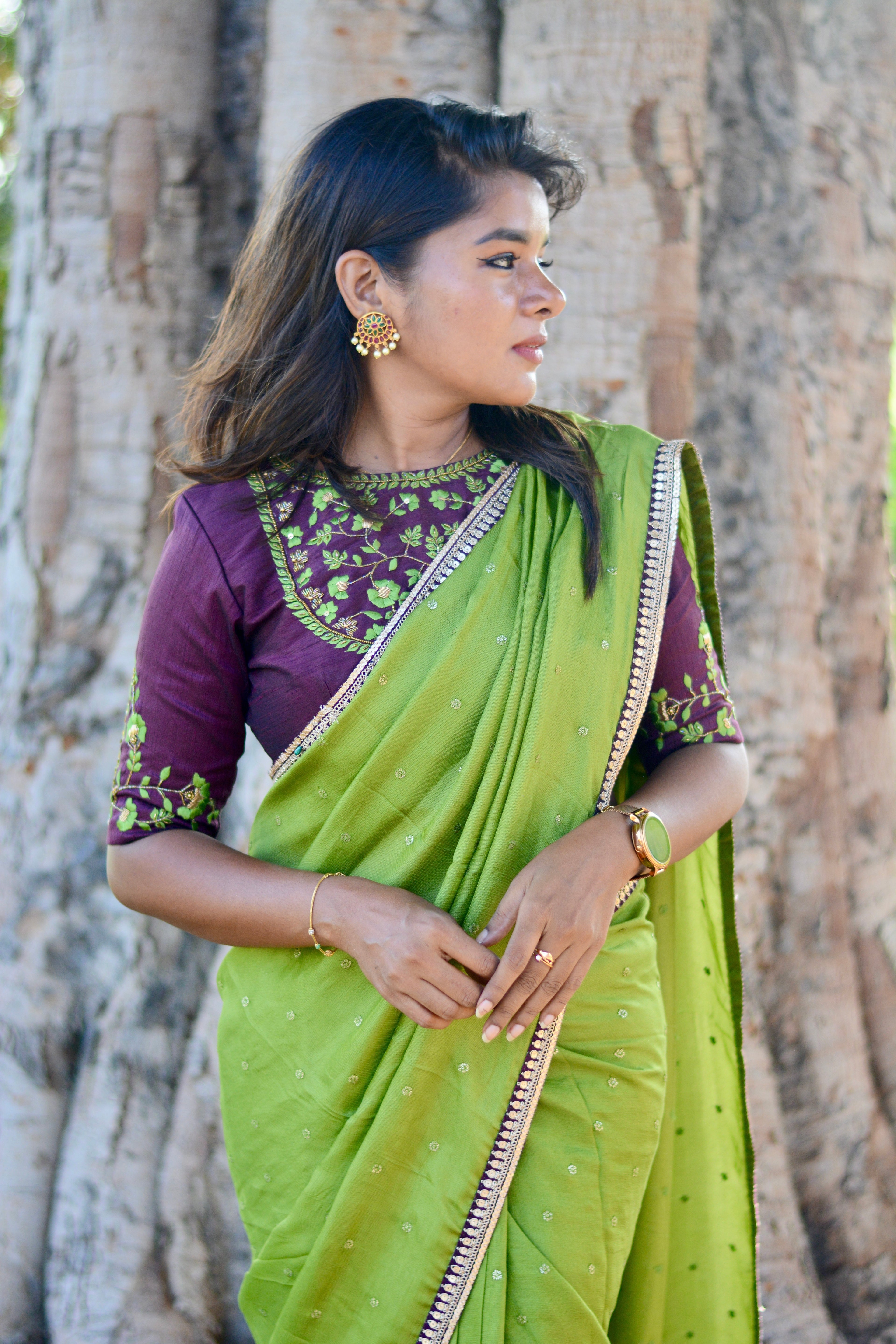 Green jute saree with brown hand worked blouse