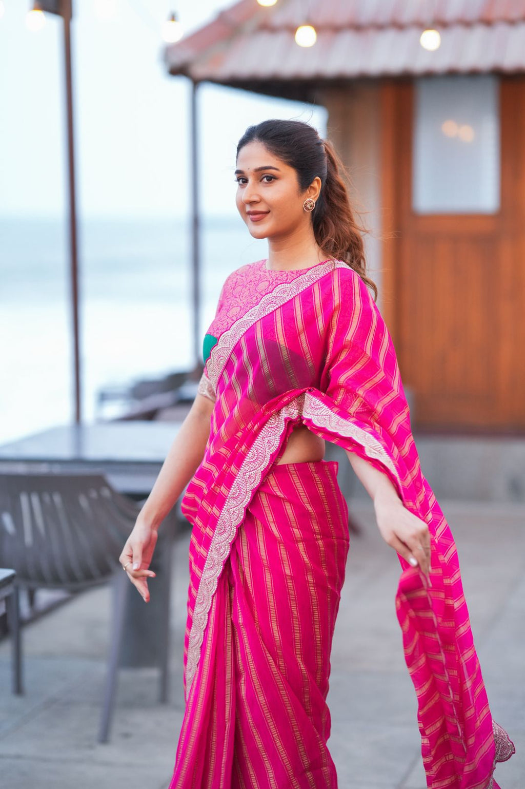 Pink organza silk saree with banarasi blouse