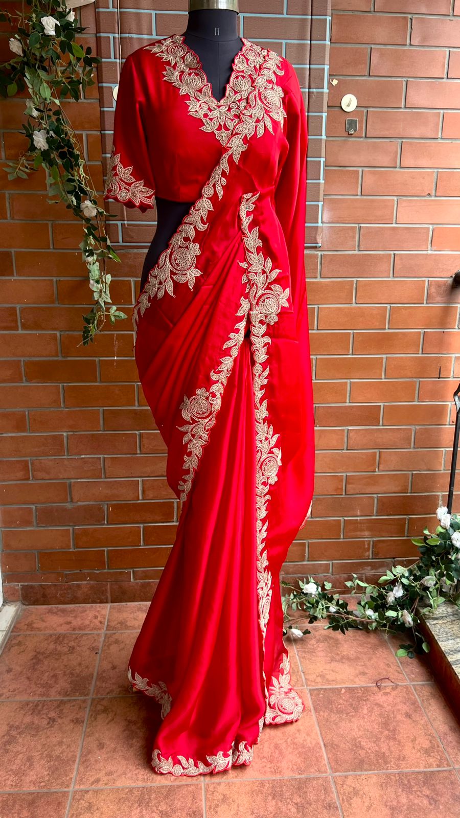 Red Gajji silk saree with heavy embroidery blouse