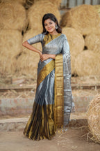 Silver grey gold soft tissue saree with handwork blouse
