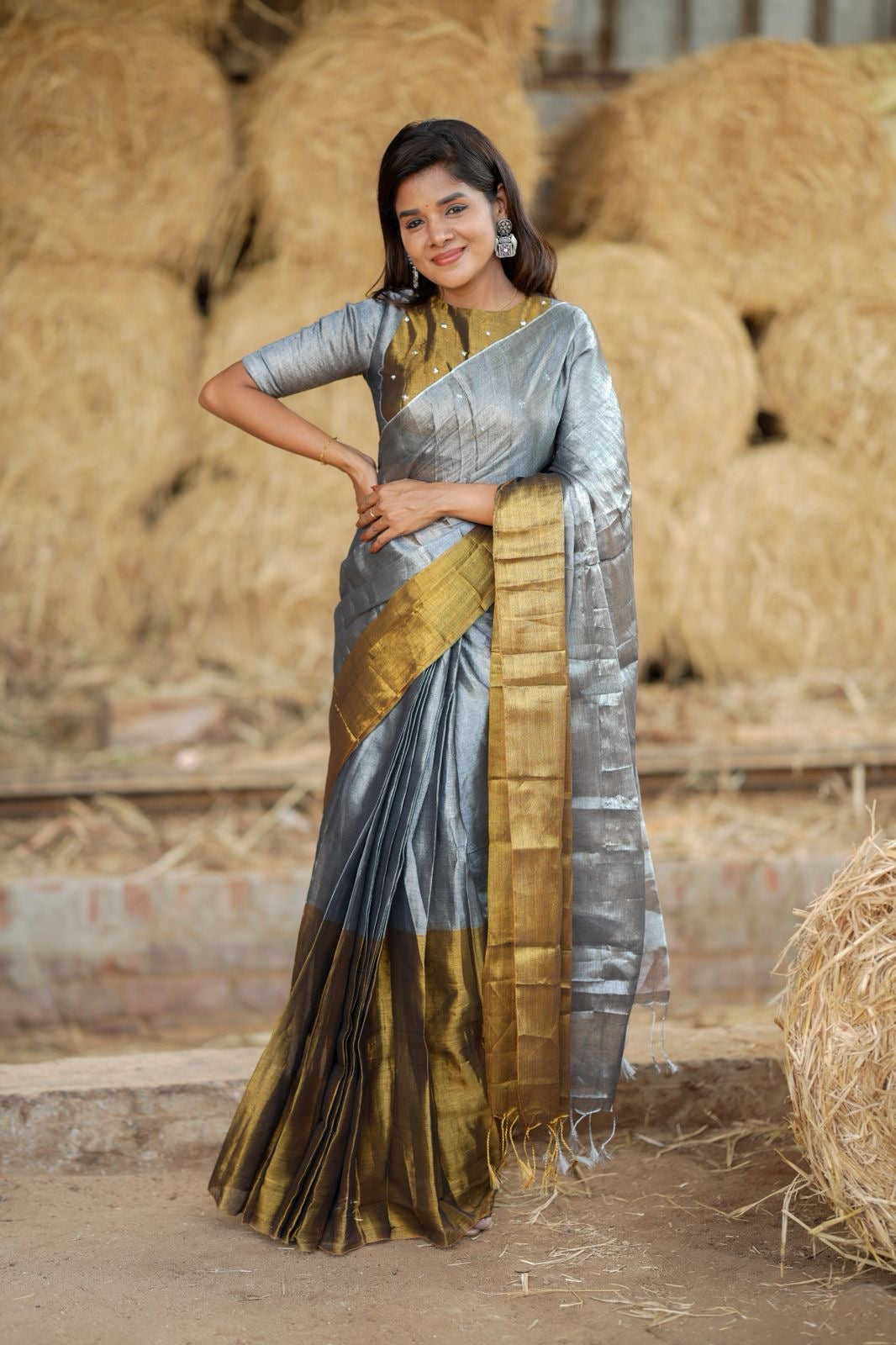 Silver grey gold soft tissue saree with handwork blouse