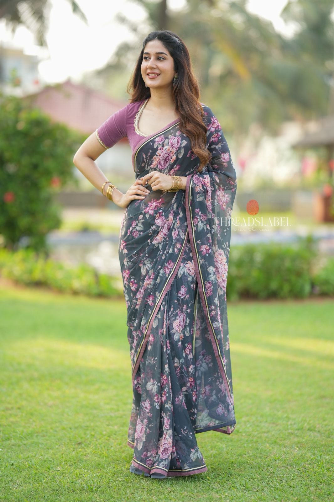 Grey georgette saree with pink hand work blouse