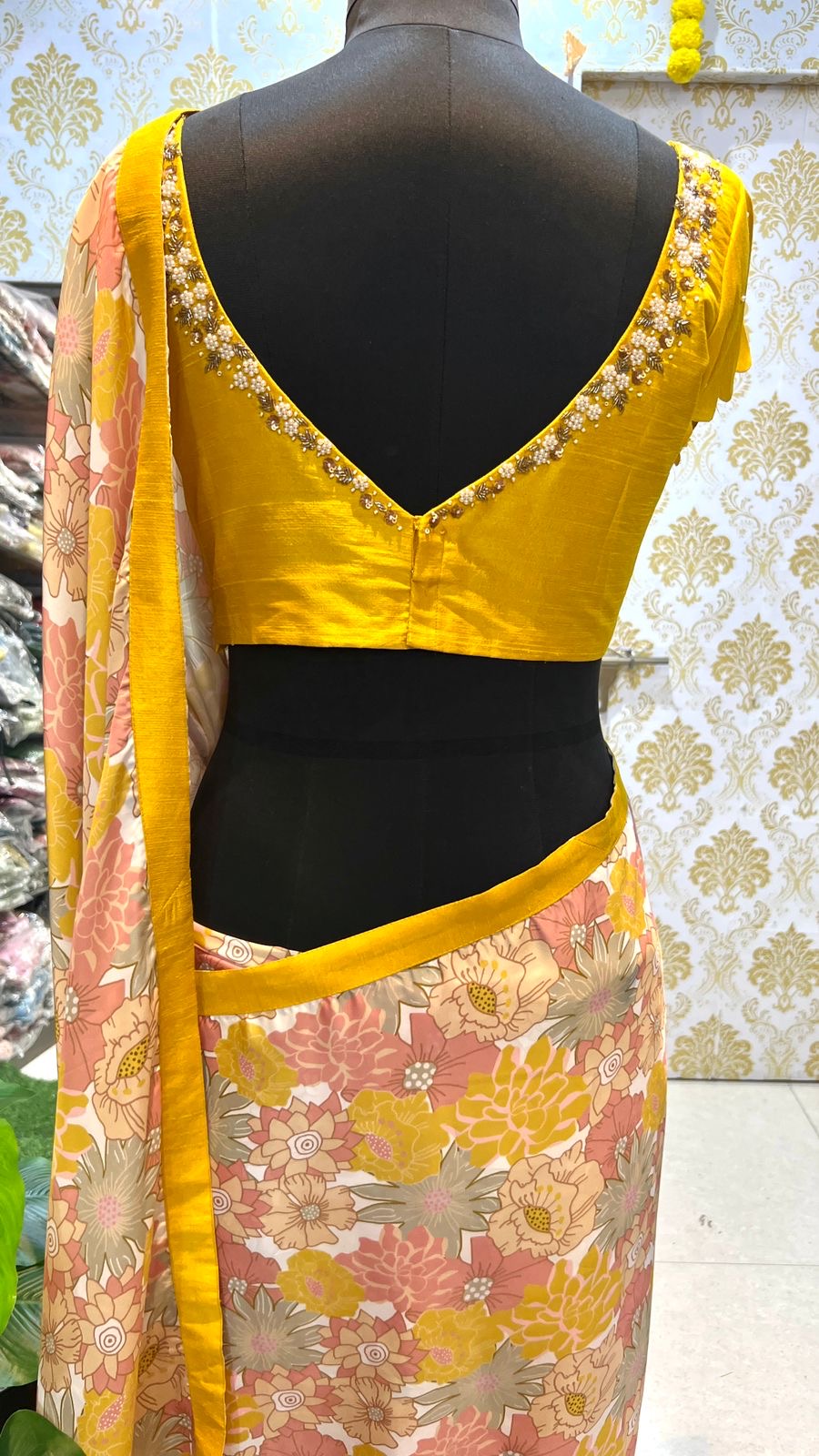 Yellow silk pearl hand worked blouse (only blouse)